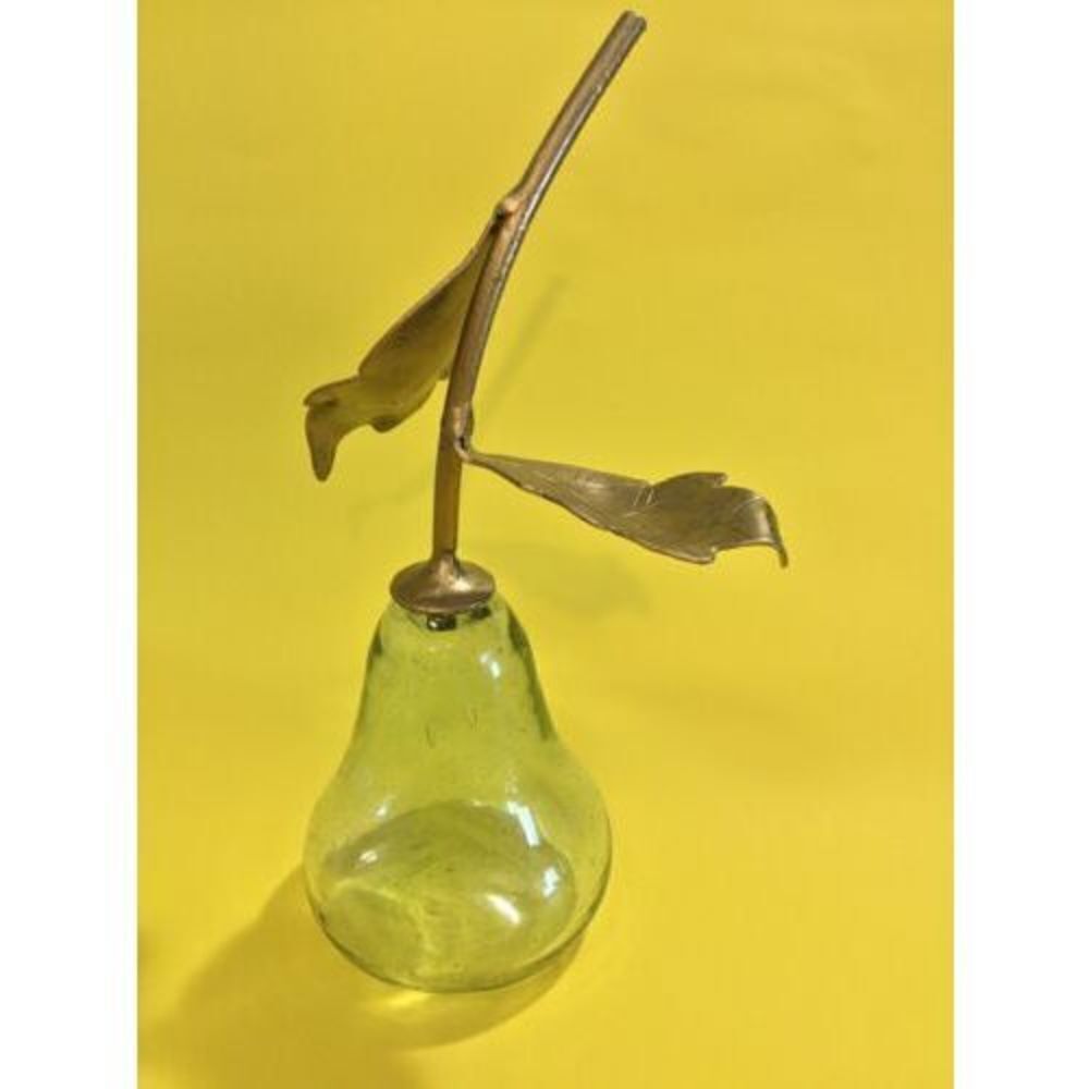 Vintage Large Hand Blown Clear Art Glass Pear With Metal Leaves